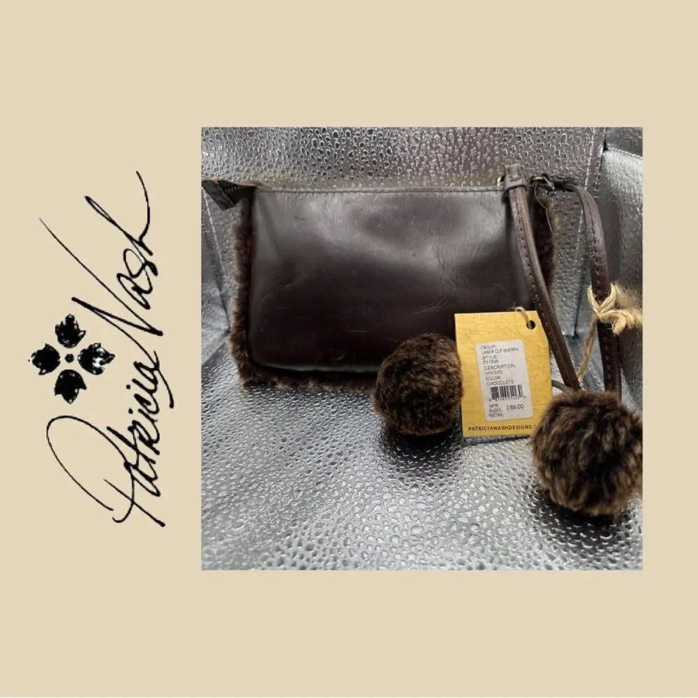 Patricia Nash‎ Chocolate Laser Cut Sherpa Vinovo Genuine Leather Wristlet